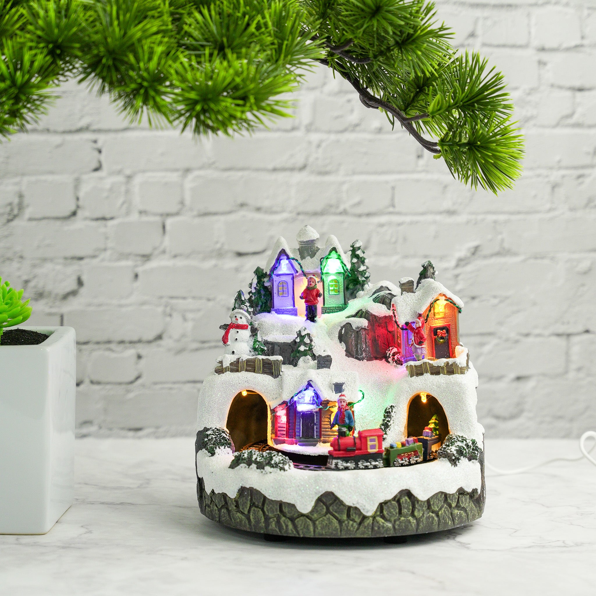 Animated christmas village, decorative holiday ornament with moving