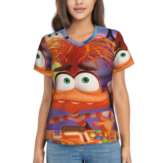 Animation Inside Out Women's T Shirts V-Neck Tee Shirt Casual Short Sleeve T-Shirt Soft 3D Printed Summer Tee Tops Shirt Large