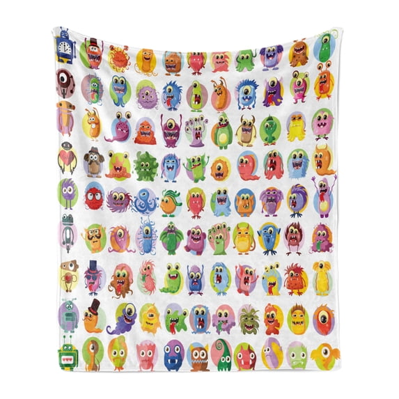 Animation Soft Flannel Fleece Throw Blanket, Little Graphic Baby Monsters Nursery Room Colored Cartoons Artwork, Cozy Plush for Indoor and Outdoor Use, 50" x 70", Multicolor, by Ambesonne