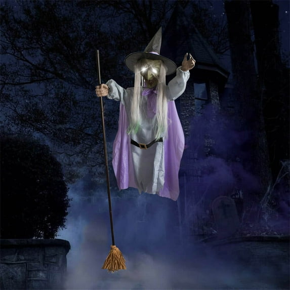 Animatronic Flying Witch Halloween Decoration - Life-Size Hovering Witch with Glowing Eyes, Eerie Sounds & Realistic Movements for Yard, Garden & Party