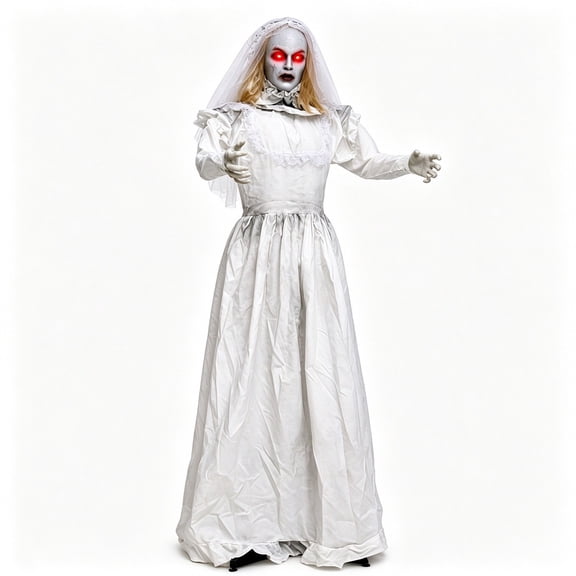 Animatronic Ghost Bride Halloween Prop with Turning Head, Red Glowing Eyes, Sound and Button Activated, 5.6 ft Tall Haunted House Decoration