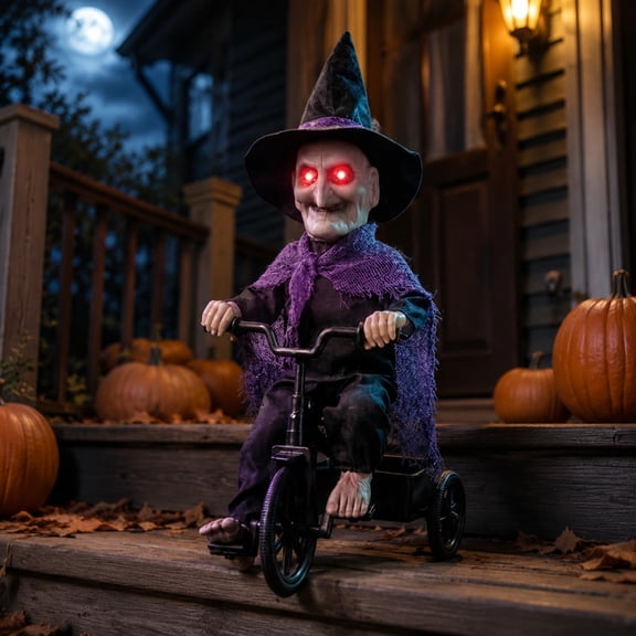 Animatronic Pumpkin Head Tricycle Doll, LED Light Up Halloween Prop with Motion Sensor, Glowing Jack O Lantern Figure for Porch and Party, Spooky Animated Decor for Fall Display