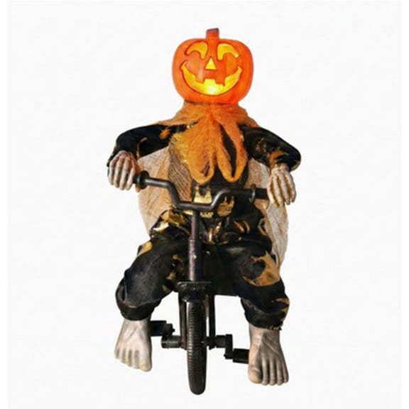 Animatronic Pumpkin Head Tricycle Doll Orange LED Light Up Motion Sensor Halloween Prop 34cm Metal Trike(Orange)
