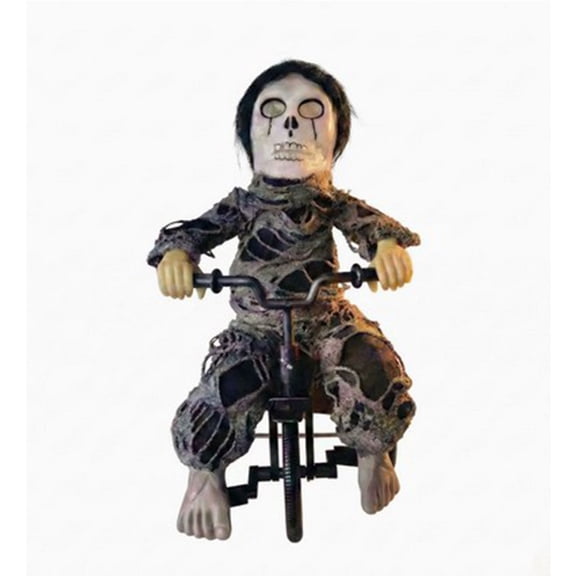 Animatronic Skeleton Tricycle Doll With Blue Glowing Eyes Motion Sensor Sound Halloween Decor 1 Count