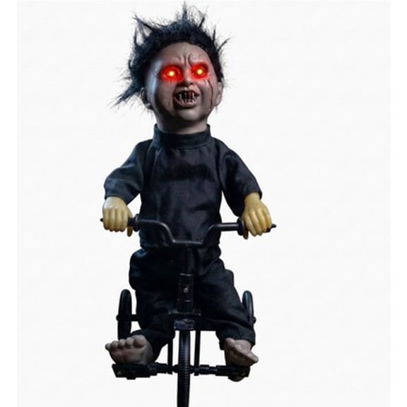 Animatronic Tricycle Doll With Glowing Red Eyes Creepy Halloween Prop Decor For Haunted House Scene