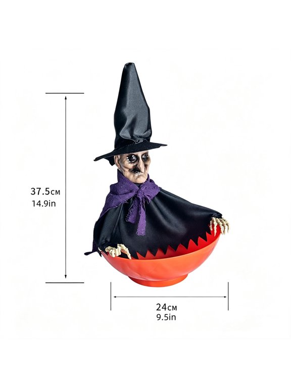 Animatronic Witch, Scares Trick-or-Treaters with Motion Activation, Candy Bowl, Glowing Red Eyes and Retractable Head Movement for Front Porch, Haunted House, and Party Scene.