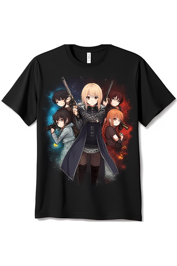 Anime Action T-Shirt Five Female Characters with in Colorful Design Bold and Energetic Graphic Tee for Anime Fans
