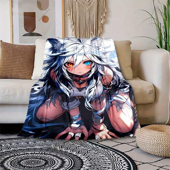Anime Arctic Foxgirl Pattern Print Flannel Throw Blanket