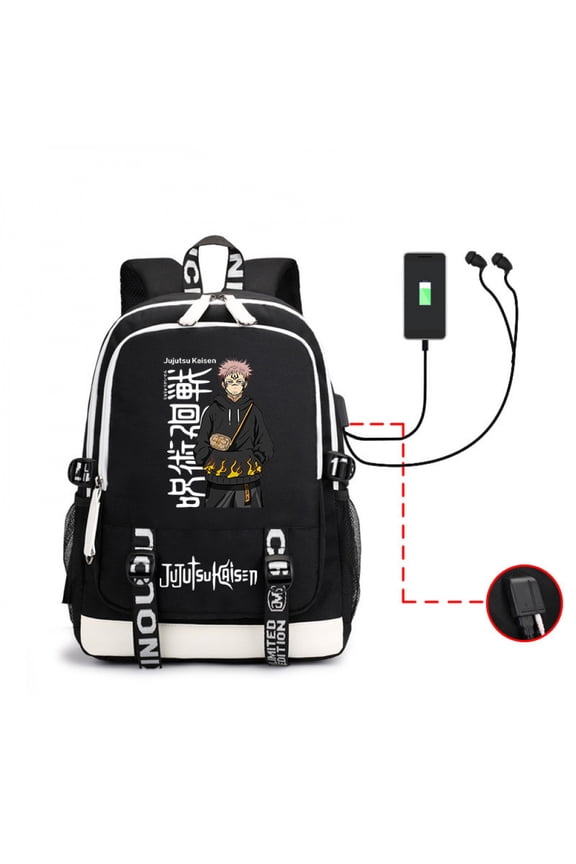 Anime Backpack Jujutsu Uniform Graphic Energy Flame Print Canvas Streetwear USB Bag