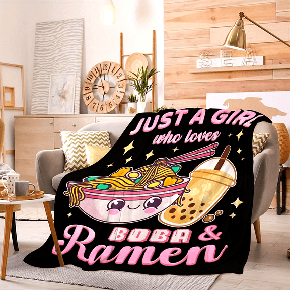 Anime Blanket Anime Inspired Cartoon Blanket Just a Girl Who Loves Boba Ramen All Season Perfect Bed Sofa Travel Ideal Christmas Birthday Gift Anime Playful Durable Fabric Anime Room Decor
