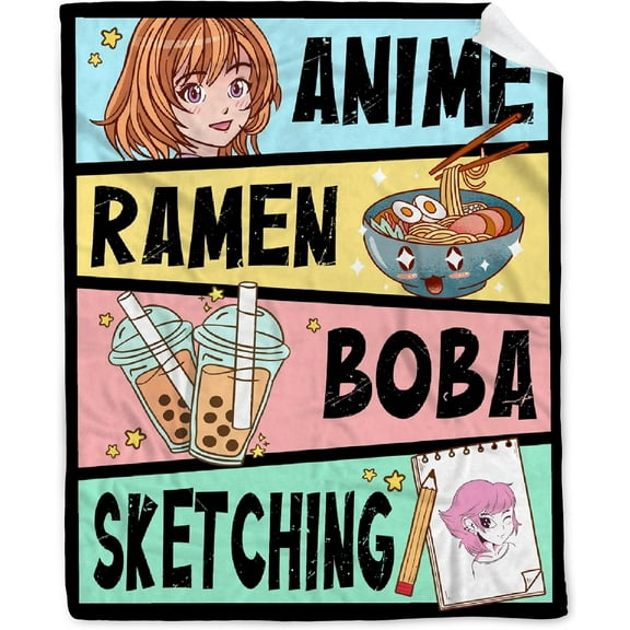 Anime Blanket Gifts for Girls Kawaii Anime Decor for Women Anime Ramen Boba Sketching Flannel Blanket Anime Lover Stuff, Luxurious Warm and Cozy for XL 90X120 Inch Amazing for Family