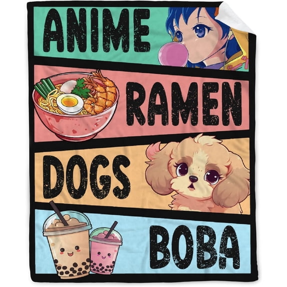 Anime Blanket for Girls - Kawaii Decor for Women, Ramen Dogs Boba Flannel Blanket - Luxurious Warm and Cozy, S 40X50 Inch for Kids/Child
