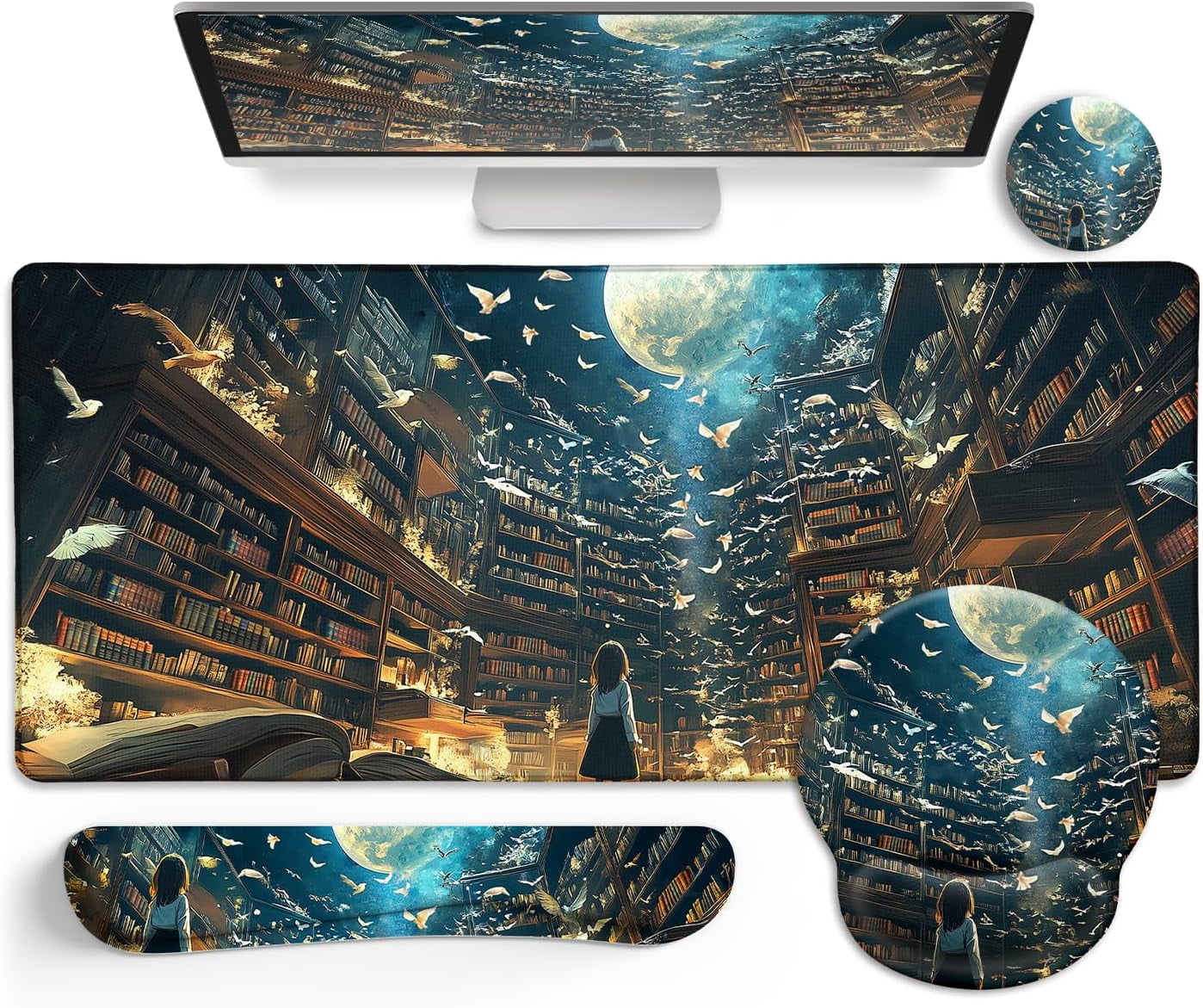 Anime Book Mouse Pad Set Large Desk Matt for Desktop, Ergonomic Mouse Pad with Wrist Rest, Gaming Mousepad Wrist Support Keyboard Mat Cup Coaster Set Cute Desk Accessories for Women Girl