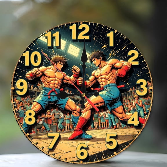 Anime Boxing Clock Wall Decor Fighting Sports 10-Inch Silent Wooden Wall Clock, Battery Operated (AA Batteries Not Included), Artistic Home Decor