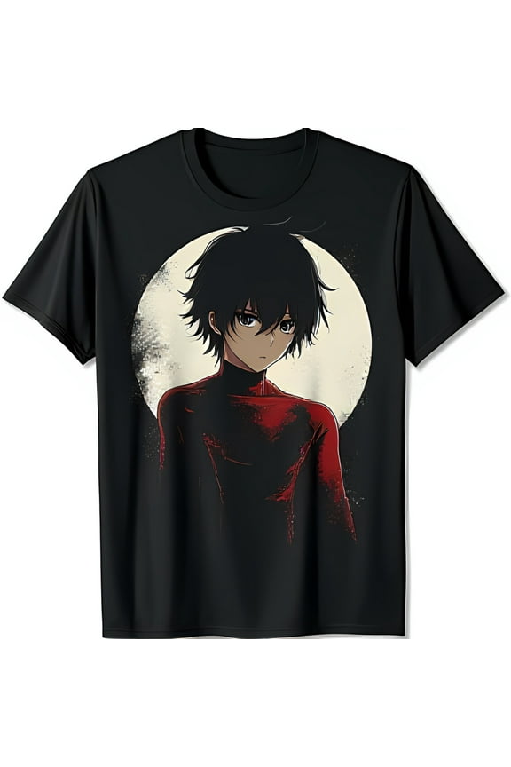 Anime Boy Black T-Shirt Serious Expression with Red Turtleneck & Moon Background