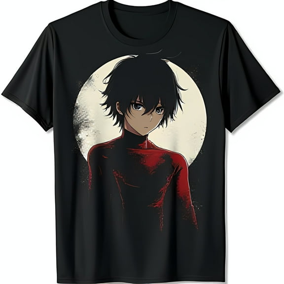 Anime Boy Graphic Black T-Shirt with Moon Background Stylish Red Turtleneck Design