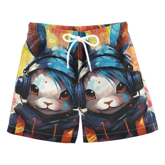 Anime Bunny in Neon Colors Boys Swim Trunks Quick Dry Boy Swim Shorts for 3-14 Years