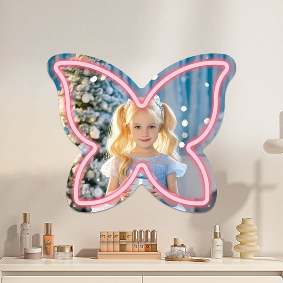 Anime Butterfly Mirror with Light Neon Signs for Locker Room Living Room Girl's Bedroom, Cute Acrylic Mirror with Dimmable for Girl Gifts, Butterfly Wall Mirror