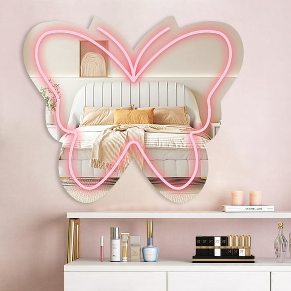 Anime Butterfly Mirror with Light Neon Signs for Locker Room Living Room Girl's Bedroom, Cute Acrylic Mirror with Dimmable for Girl Gifts, Wall Mirror