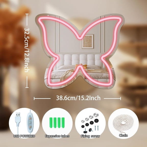 Anime Butterfly Mirror with Neon Light Dimmable Acrylic Wall Decor for Bedroom Locker Room