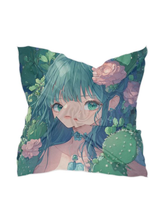 Anime Cactus Girl Square Silk Scarf, 23.6223.62in Polyester Simulated Silk Satin Scarf Tops for Women Head Wraps Shirt Bandana Curly Hair Tie Headband Headscarf