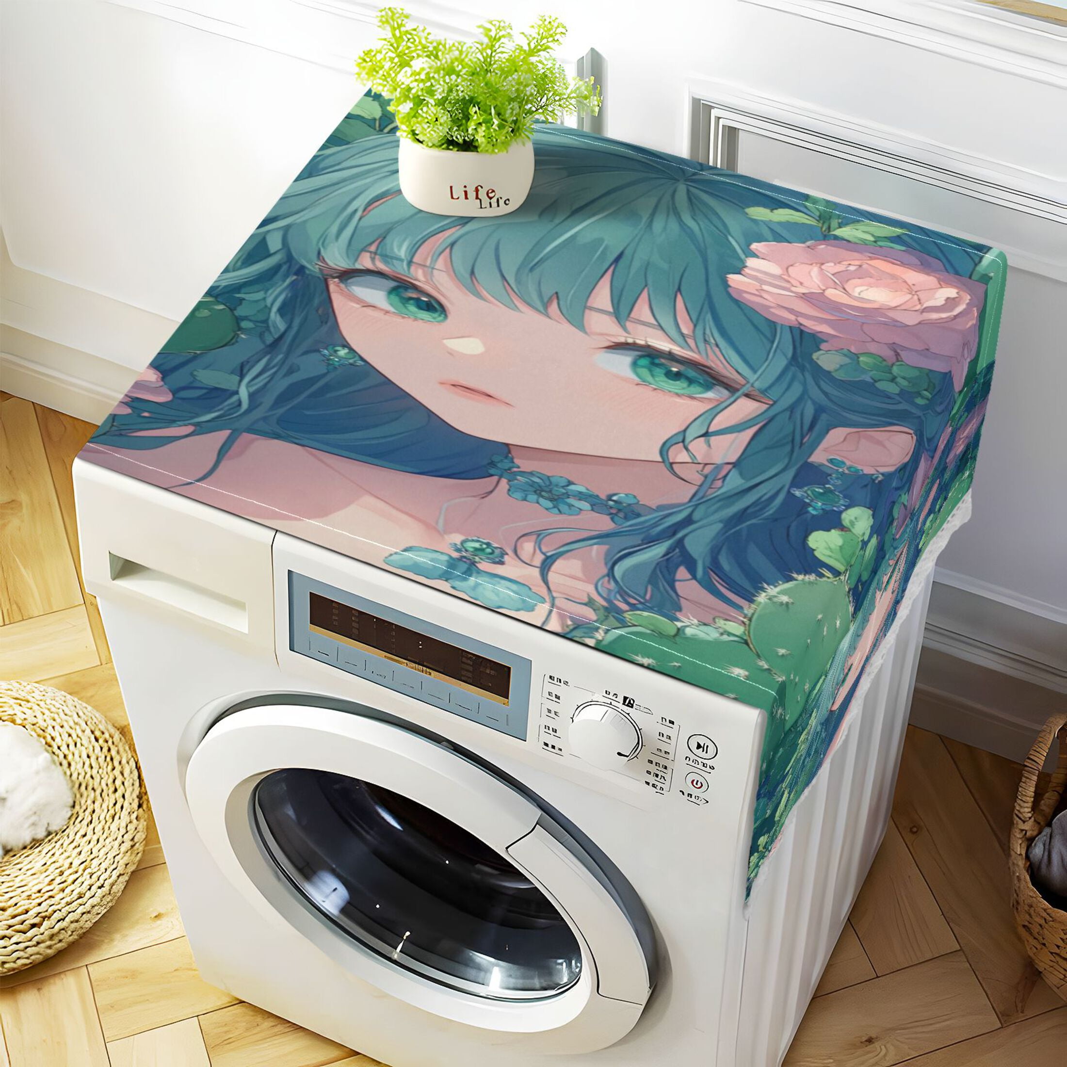 Anime Cactus GirlWasher and Dryer Covers Dust-Proof and Oil Resistant Fridge Cover with 4 Storage Pockets Washing Machine Top Cover for Laundry Kitchen Home 51.2 x 22 In