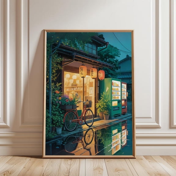 Anime Cafe Wall Art Print | Cozy Bicycle Street Scene Poster | Japanese Anime-Inspired Modern Ukiyo-e Decor | Gift for Anime Lovers 8x12 – UNFRAMED