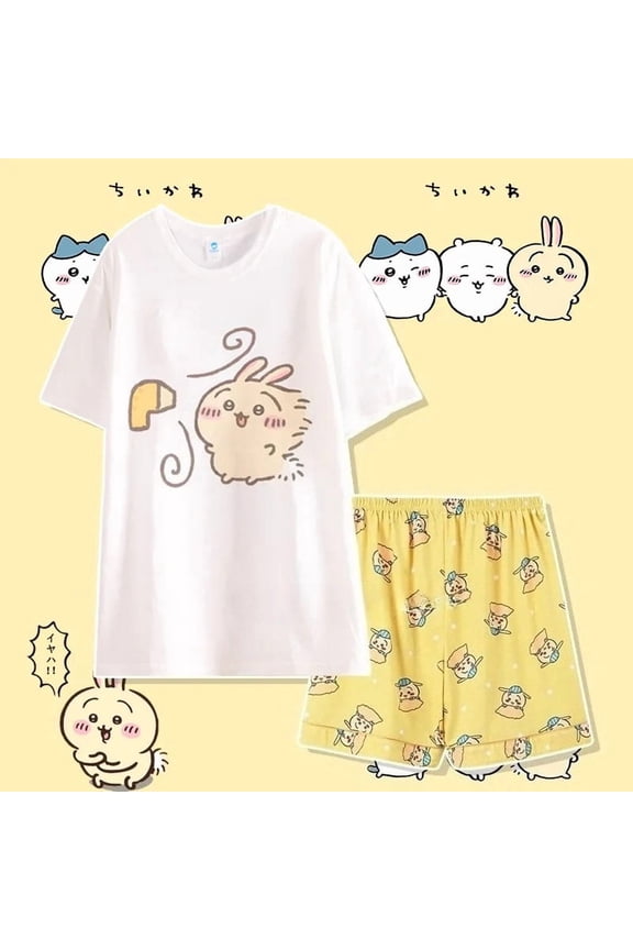 Anime Cartoon Chiikawa Usagi Hachiware Sleepwear Summer New Pure Cotton Short Sleeved Set Fashion Casual Home Wear Gifts