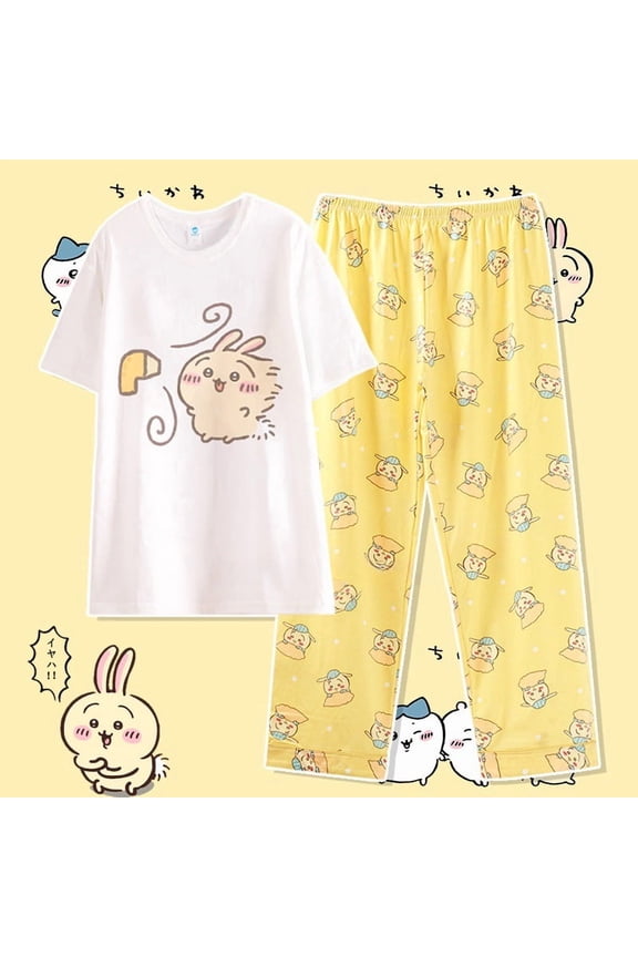 Anime Cartoon Chiikawa Usagi Hachiware Sleepwear Summer New Pure Cotton Short Sleeved Set Fashion Casual Home Wear Gifts