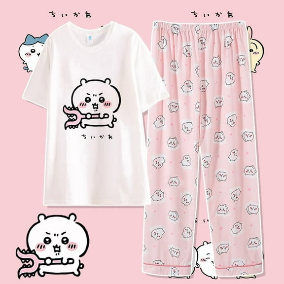 Anime Cartoon Chiikawa Usagi Hachiware Sleepwear Summer New Pure Cotton Short Sleeved Set Fashion Casual Home Wear Gifts
