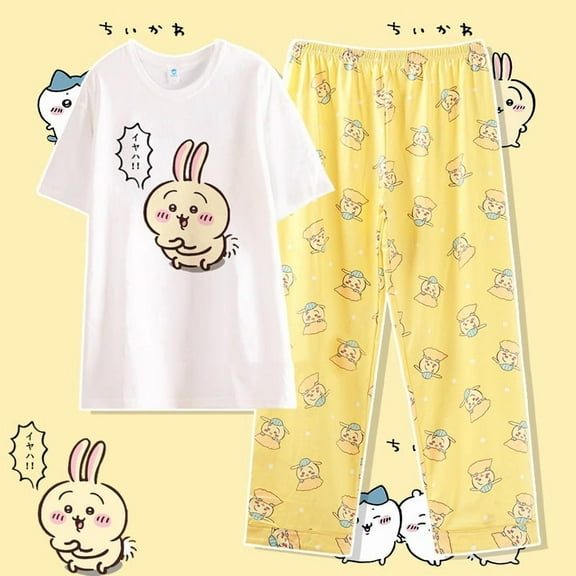 Anime Cartoon Chiikawa Usagi Hachiware Sleepwear Summer New Pure Cotton Short Sleeved Set Fashion Casual Home Wear Gifts