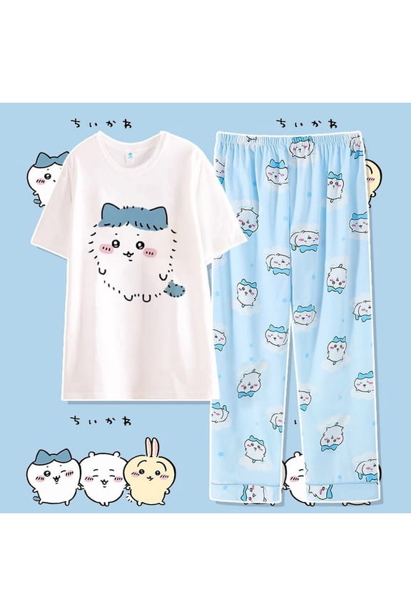 Anime Cartoon Chiikawa Usagi Hachiware Sleepwear Summer New Pure Cotton Short Sleeved Set Fashion Casual Home Wear Gifts