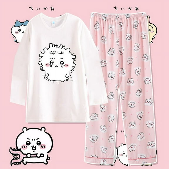 Anime Cartoon Chiikawa Usagi Sleepwear Spring Autumn New Women's Pure Cotton Round Neck Long Sleeved Home Suit Set Gifts