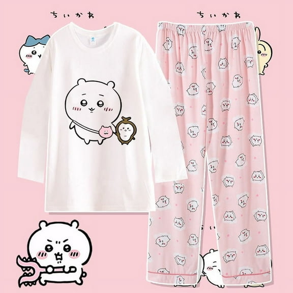 Anime Cartoon Chiikawa Usagi Sleepwear Y2K Spring Autumn New Women's Pure Cotton Round Neck Long Sleeved Home Suit Set Gifts