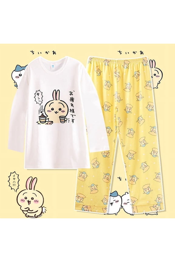 Anime Cartoon Chiikawa Usagi Sleepwear Y2K Spring Autumn New Women's Pure Cotton Round Neck Long Sleeved Home Suit Set Gifts