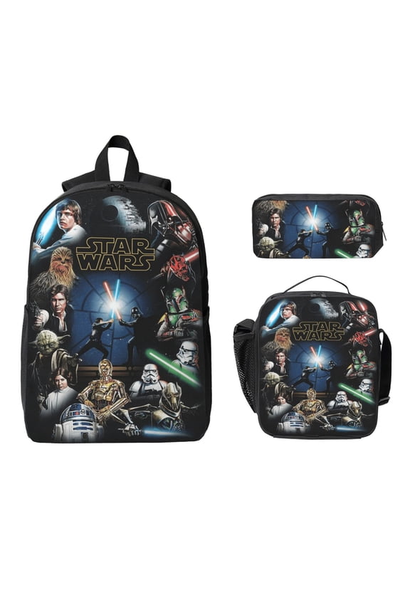 Anime Cartoon Darth Vader 3pcs Backpack Set, 17inch Daypack With Lunch Box And Pencil Case, Casual Large Capacity College Laptop Bag Travel Gifts