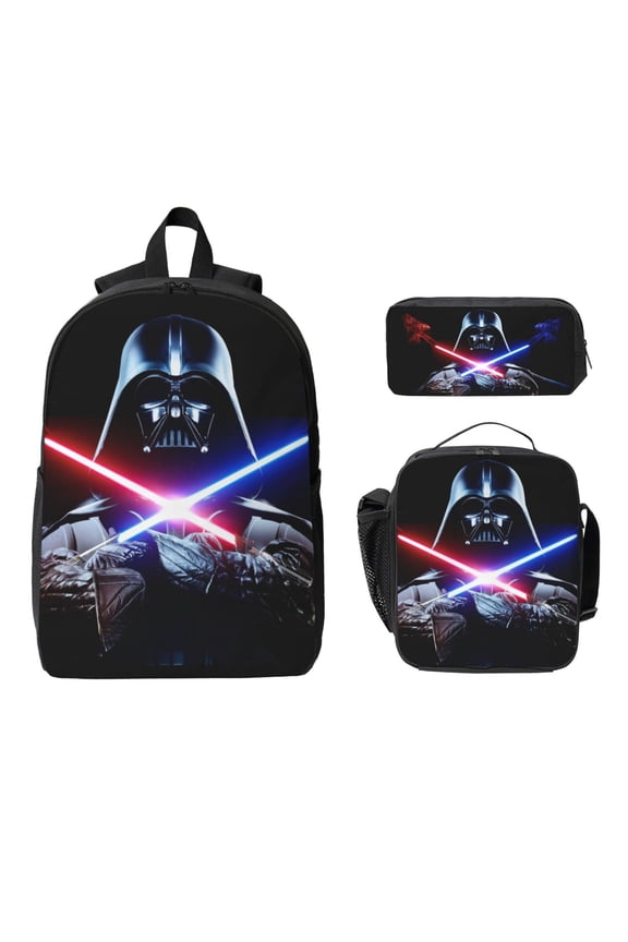 Anime Cartoon Darth Vader 3pcs Backpack Set, 17inch Daypack With Lunch Box And Pencil Case, Casual Large Capacity College Laptop Bag Travel Gifts