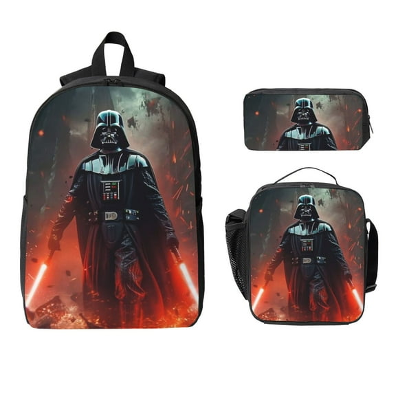 Anime Cartoon Darth Vader 3pcs Backpack Set, 17inch Daypack With Lunch Box And Pencil Case, Casual Large Capacity College Laptop Bag Travel Gifts