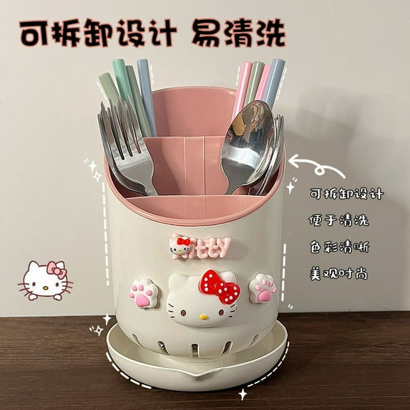 Anime Cartoon Hello Kitty High Capacity Multifunction Storage Tube Drain Rack Spoon Kitchen Tableware Practical Kitchen Supplies