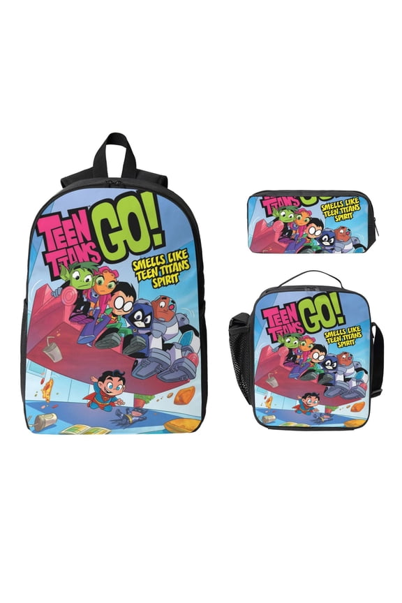 Anime Cartoon Teen Titans Go 3pcs Game Backpack Set, 17inch Daypack With Lunch Box And Pencil Case, Casual Large Capacity College Laptop Bag Travel Gifts