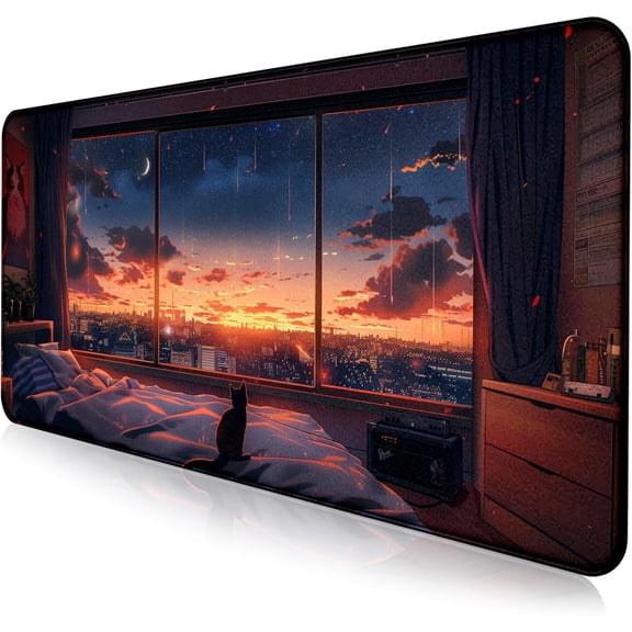 Anime Cat Fantasy Window Mouse Pad, Summer Mouse Pad Large Healing Night Scene, Game Table Pad XL Office Decoration Women''s Laptop Keyboard Pad 35.4 x 15.7 x 0.12 Inches