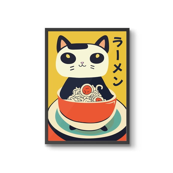 Anime Cat Poster, Ramen Cat Print, Japanese Manga Tokyo Hello Kitty Wall Art, Ramen Bowel Manga Gift Idea, framed A6 A5 A4 A3 A2 A1