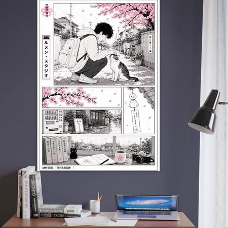 Anime Cat Wall Art Print, Japanese Manga Poster, Sakura Cherry Blossom Pet Decor, Cozy Lofi Anime Room Art, Unframed Unframed Size 24''x36'' GooGate