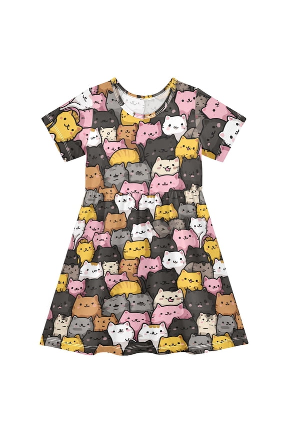 Anime Cats Short Sleeve Dress A-Line Cute Midi Casual Sundress 2-8 Years