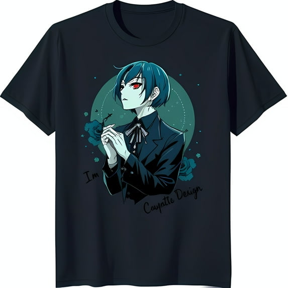 Anime Character Black T-Shirt Blue Haired Male in Suit with Roses & Gradient Design I'm Cayptle Design