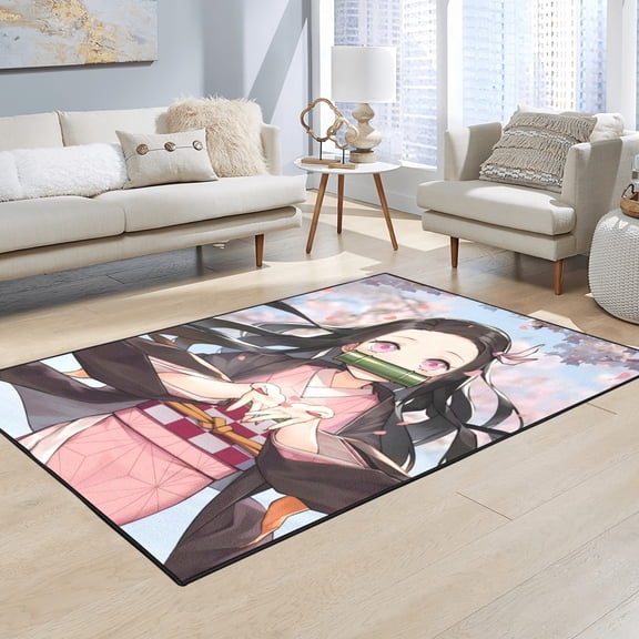 Anime Character Print Area Rug, 62.99" × 47.24" Non-Slip Washable Flannel Floor Mat for Living Room, Bedroom & Bathroom