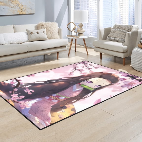 Anime Character Print Area Rug, 62.99" × 47.24" Non-Slip Washable Flannel Floor Mat for Living Room, Bedroom & Bathroom
