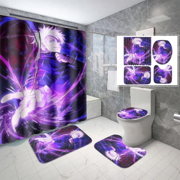 Anime Character Shower Curtain Set, 4-Piece Bathroom Decor with Non-Slip Mats