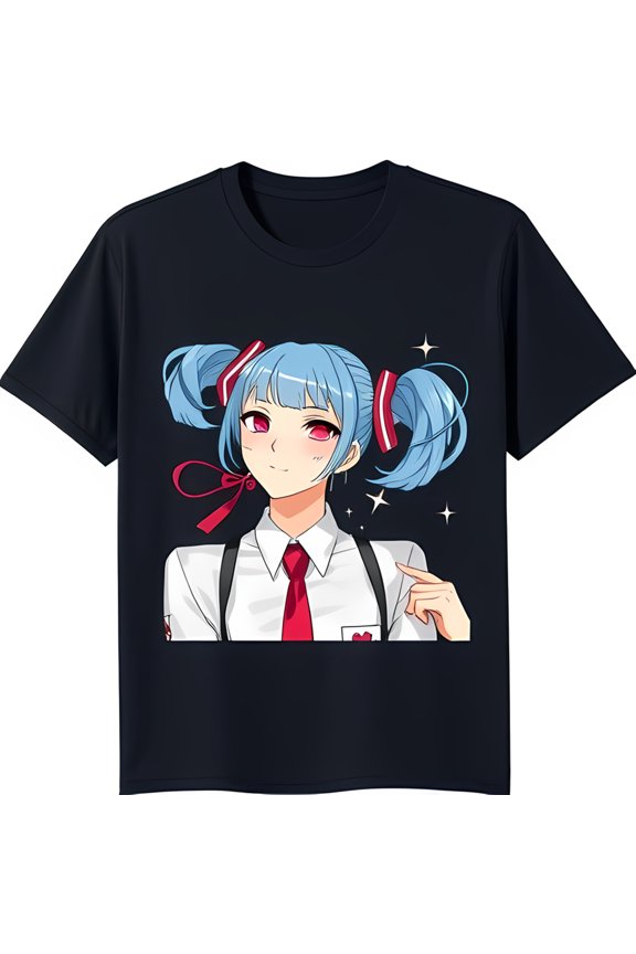 Anime Character T-Shirt Bright Blue Hair Red Highlights Cute Expression Background Women's Graphic Tee