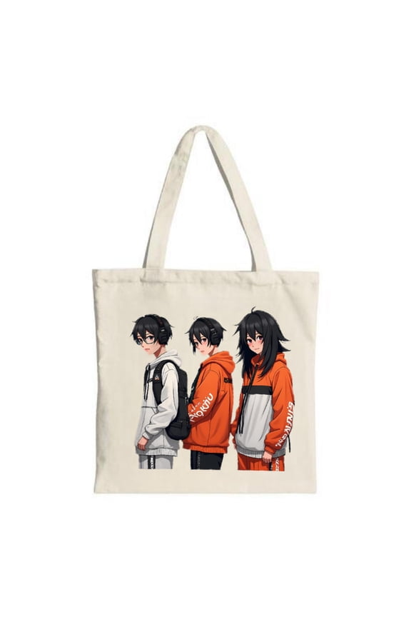 Anime Characters Tote Bag - Beige Canvas Bag with Three Stylish Characters in Hoodies Perfect for Shopping Travel & Parties